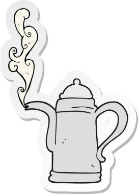 Bir insan tarafından çizilmiş dumanı tüten bir kahve ısıtıcısının çıkartması.