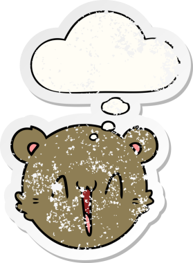 Düşünce baloncuğu olan sevimli çizgi film ayıcık suratı insan tarafından çizilmiş yıpranmış bir çıkartma gibi.