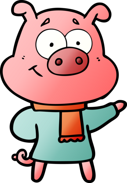 Bir insan tarafından çizilmiş kalın giysiler giyen mutlu bir domuz.