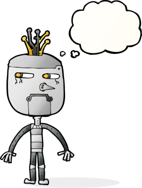 Bir insan tarafından çizilmiş düşünce baloncuklu komik robot.