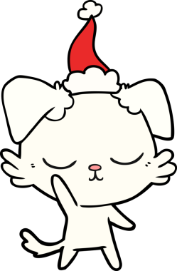 Bir insan tarafından çizilmiş Noel Baba şapkası takan bir köpeğin çizimi.