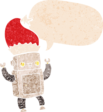 Bir insan tarafından çizilmiş, grunge 'da konuşma balonu olan, sıkıntılı eski moda bir çizgi roman robotu.