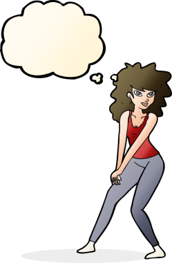 Bir insan tarafından çizilmiş düşünce balonuyla poz veren karikatür kadın.