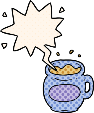 Bir insan tarafından çizilmiş çizgi roman tarzında konuşma balonlu bir kahve fincanı.