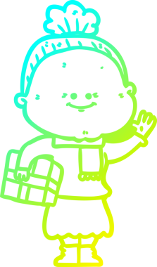 Bir insan tarafından çizilmiş, mutlu, yaşlı bir kadının çizimi.