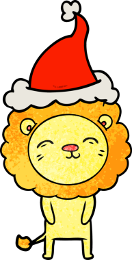 Bir insan tarafından çizilmiş Noel Baba şapkası takan bir aslanın el çizimi karikatürü.