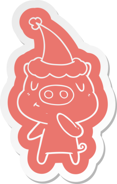 Bir insan tarafından çizilmiş Noel Baba şapkası giyen bir domuzun garip çizgi film etiketi.