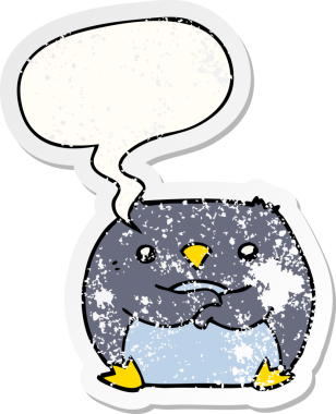 Konuşma baloncuğu olan karikatür pengueni bir insan tarafından çizilmiş sıkıntılı eski bir çıkartma