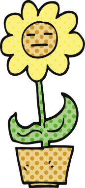 Bir insan tarafından kabın içinde çizilmiş çizgi roman tarzı bir çiçek.