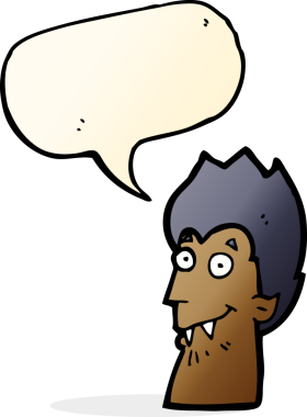 Bir insan tarafından çizilmiş konuşma balonlu vampir kafası.