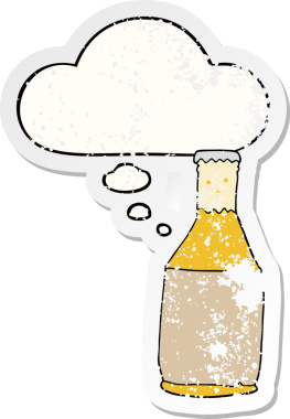 Düşünce baloncuklu çizgi film bira şişesi insan tarafından çizilmiş yıpranmış bir çıkartma gibi.
