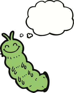 Bir insan tarafından çizilmiş düşünce baloncuklu çizgi film tırtılı.