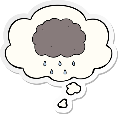 Düşünce baloncuklarıyla yağmur yağıyor. Bir insan tarafından çizilmiş bir çıkartma gibi.