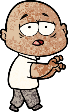 Bir insan tarafından çizilmiş yorgun, kel bir adam.