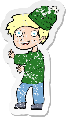 Bir insan tarafından çizilmiş kış şapkası giyen bir çizgi film karakterinin gerilimli retro çıkartması.