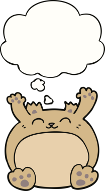 Bir insan tarafından çizilmiş düşünce baloncuklu çizgi film ayısı.