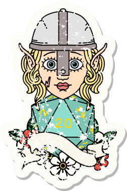 Bir insan tarafından çizilmiş 20 zarlı bir elf dövüşçüsünün grunge sticker 'ı