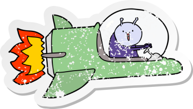 Uzay gemisinde bir insan tarafından çizilmiş uzaylı çizgi film çıkartması.