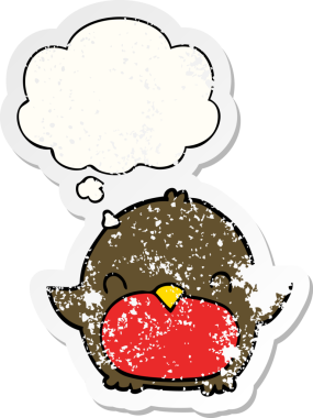 Düşünce baloncuğu olan karikatür pengueni insan tarafından çizilmiş yıpranmış bir çıkartma.