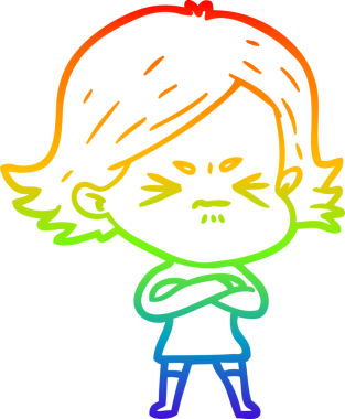 Gökkuşağı gradyan çizimi bir insan tarafından çizilmiş kızgın bir kız çizgi filmi