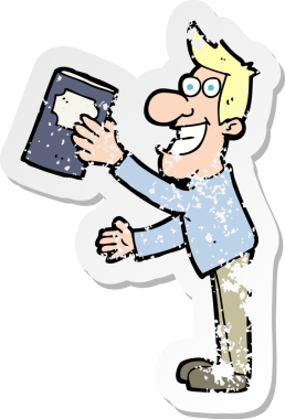 Bir insan tarafından çizilmiş kitabı olan karikatürcü bir adamın gerilimli retro yapıştırması.