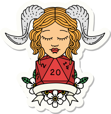 Bir insan tarafından çizilmiş doğal yirmi zarla yapıştırılmış bir etiket.