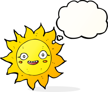 Bir insan tarafından çizilmiş düşünce baloncuklu mutlu güneş çizgi filmi