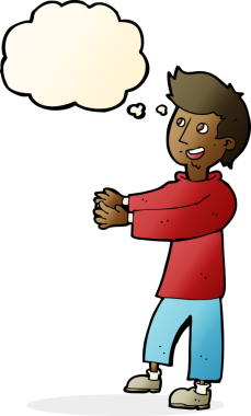 Bir insan tarafından çizilmiş düşünce balonlu mutlu adam çizgi filmi.