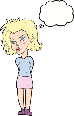 Bir insan tarafından çizilmiş düşünce baloncuğu olan çizgi film kadını.