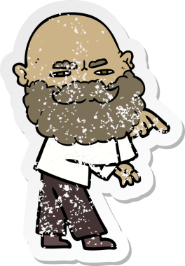 Bir insan tarafından çizilmiş, kaşlarını çatan ve işaret eden sakallı bir çizgi film karakterinin sıkıntılı çıkartması.