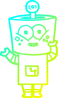 Bir insan tarafından çizilen el sallayan mutlu bir robot çizgi film çizimi.