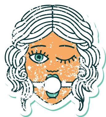 Bir insan tarafından çizilmiş top şakası takan, göz kırpan bir kadın yüzü.