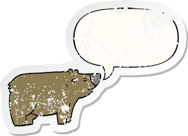 Konuşma baloncuğu olan çizgi film ayısı bir insan tarafından çizilmiş sıkıntılı eski bir çıkartma