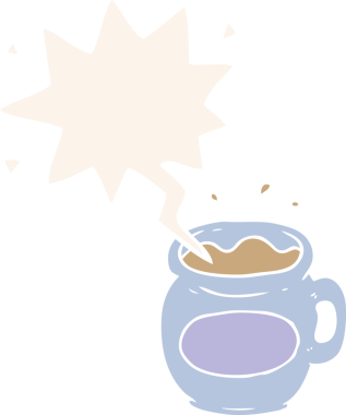 Bir insan tarafından çizilmiş, konuşma baloncuklu bir kahve fincanı.