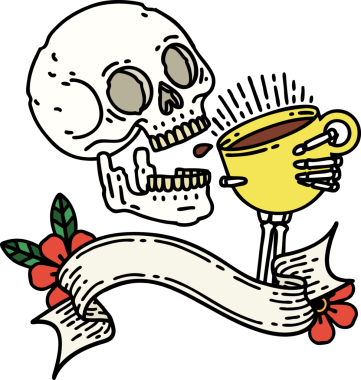 Bir insanın çizdiği kahveyi içen geleneksel bir kafatası dövmesi.