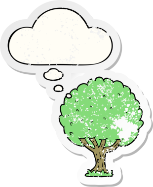 Düşünce baloncuğu olan çizgi film ağacı insan tarafından çizilmiş yıpranmış bir çıkartma gibi.