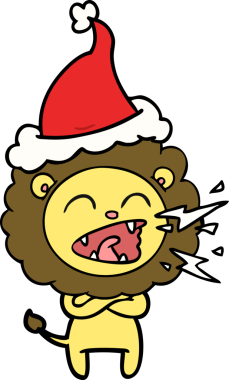 Kükreyen bir aslanın el çizimi Noel Baba şapkası giymiş bir insan tarafından çizilmiş.