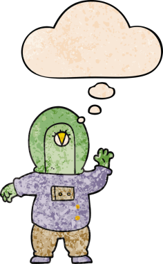 bir insan tarafından çizilmiş grunge dokuma tarzında düşünce baloncuğu olan bir uzaylı çizgi filmi.