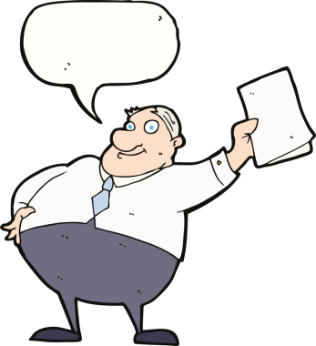 Çizgi film patronu bir insan tarafından çizilmiş konuşma balonuyla kağıtları sallıyor.