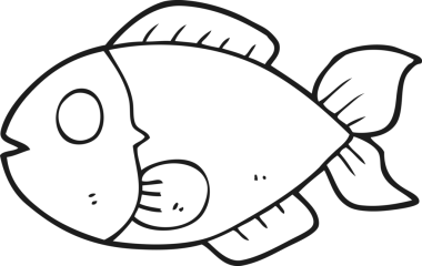 Bir insan tarafından çizilmiş siyah beyaz karikatür balığı.
