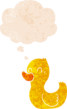 Düşünce baloncuğu ve grunge ile çizgi film ördeği bir insan tarafından çizilmiş sıkıntılı retro tarzı