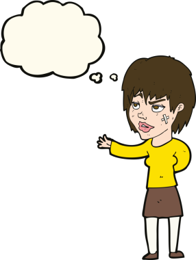 Bir insan tarafından çizilmiş düşünce baloncuğuyla yüzüne alçı yapıştıran çizgi film kadını.