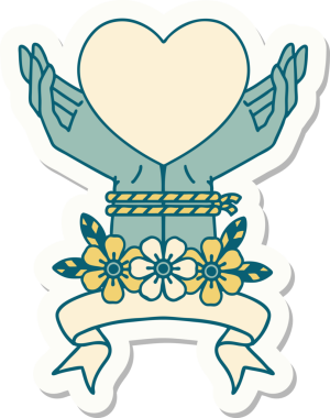 Dövme stili çıkartma. Elleri bağlı ve kalbi bir insan tarafından çizilmiş.