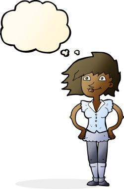 Bir insan tarafından çizilmiş düşünce baloncuğu olan elleri kalçasında çizgi film kadını.