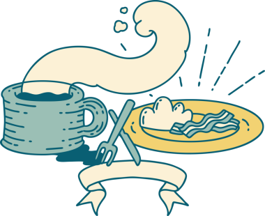 Dövme stili kahvaltı ve bir insan tarafından çizilmiş kahve afişi.