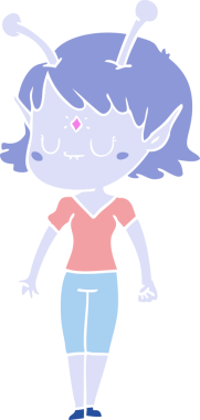 Bir insan tarafından çizilmiş düz renkli uzaylı kız çizgi filmi.