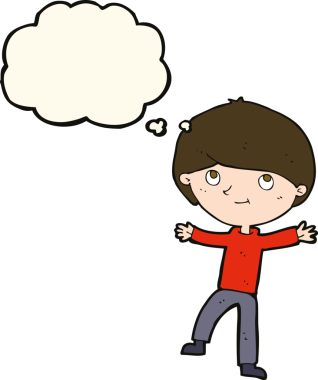 Bir insan tarafından çizilmiş düşünce baloncuğu olan heyecanlı çocuk.