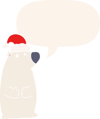 Bir insan tarafından çizilmiş eski moda konuşma baloncuklu Noel şapkası takan çizgi film ayısı.