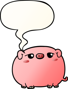 Bir insan tarafından çizilmiş konuşma baloncuklu şirin çizgi film domuzu.