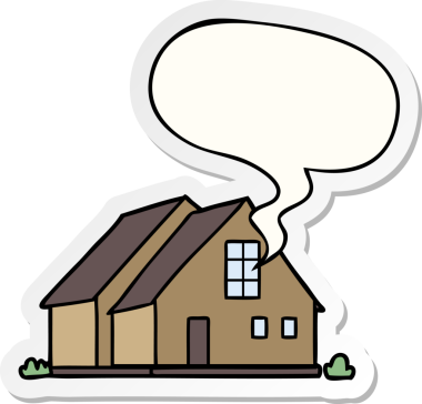 Bir insan tarafından çizilmiş konuşma balonu çıkartmalı karikatür evi.